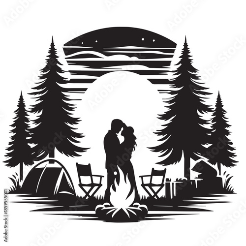 Black Campsite Romance Silhouette Vector, High Quality Illustration on White Background