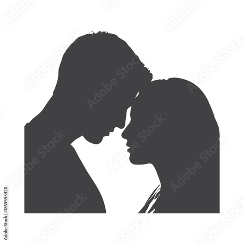 Illustration of silhouette of a man and woman touching foreheads in love and affection, valentine love silhouette vector