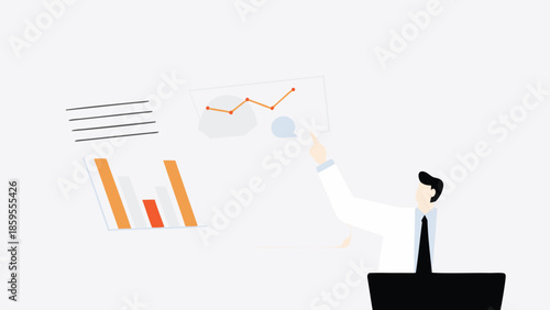 Businessman presenting data on graph and chart to audience, professional presentation, corporate communication concept