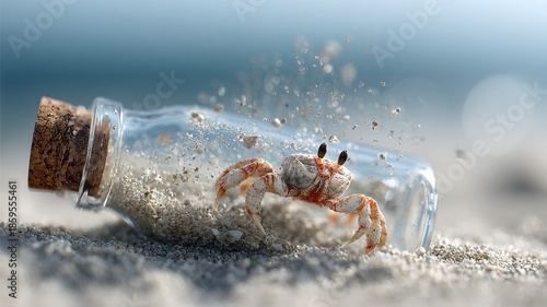 crab emerging from a bottle on the seabed, sandy particles suspended, subtle poignancy