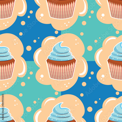 Seamless pattern wiht muffin cake, sweet cupcake with cream, delicious pastries. Modern vector illustration for cafe, restaurant, fabric, textile. Dessert background for a candy bar.