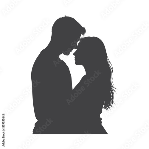 Illustration of silhouette of a romantic couple embracing and touching foreheads together, valentine love silhouette vector