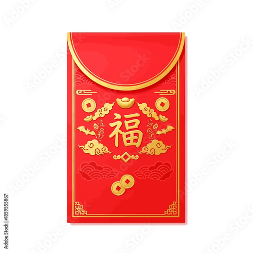Traditional Chinese Red Envelope with Golden Ornaments and Lucky Symbols, Ideal for Lunar New Year Celebrations