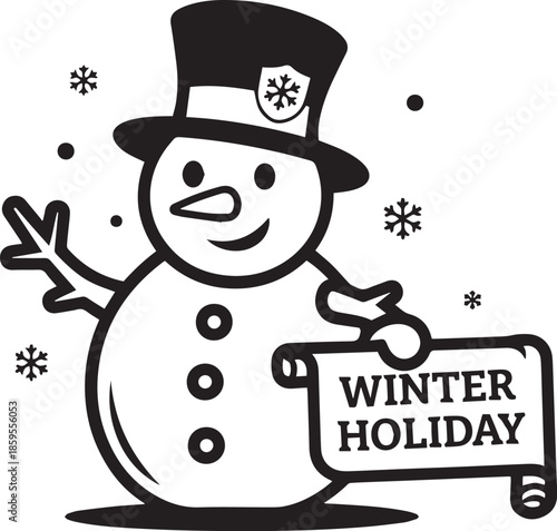 Snowman Winter Holiday Silhouette with Top Hat, Scarf, and Scroll Banner