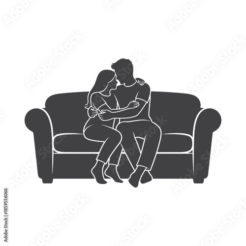 Illustration of vector illustration of a couple sitting on a couch in a loving embrace, valentine love silhouette vector