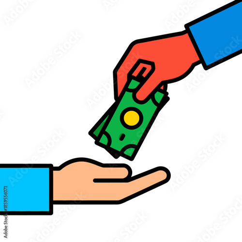 Illustrative representation of a financial exchange where one hand offers banknotes to another, symbolizing payment, income, a donation, or a transaction completion concept