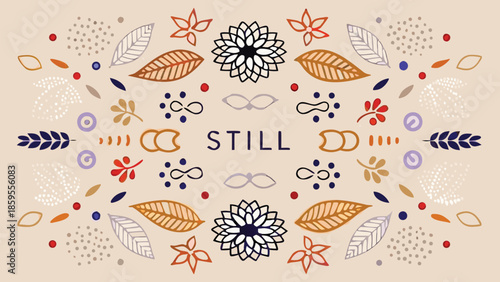 Vibrant floral pattern with leaves and geometric shapes