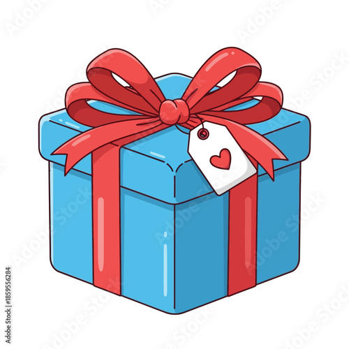 Blue gift box with red ribbon and heart tag, perfect for celebrations and special occasions