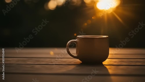Warm Coffee Mug on Wooden Table with Golden Sunlight and Lens Flare.