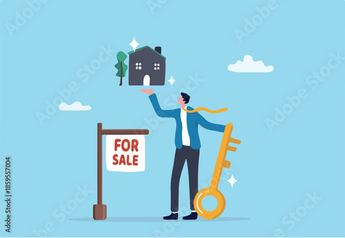 House for sale, selling real estate, home buyer or property agent, rent or buy, mortgage, or purchase new house, homeowner, residential concept, businessman selling home with key and for sale sign.