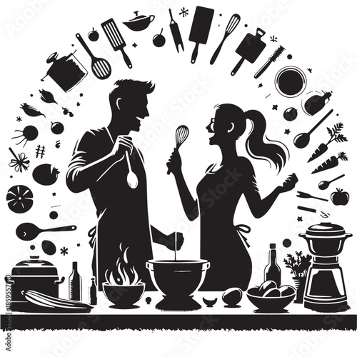Black Cooking Together Silhouette Vector, High Quality Illustration on White Background