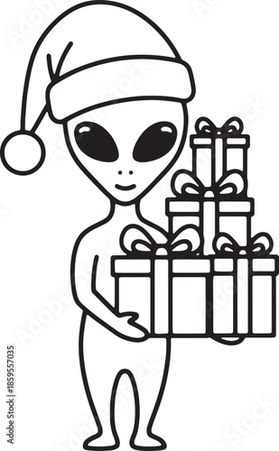 Alien wearing santa hat and holding christmas gift box silhouette icon vector extraterrestrial grabbing holiday presents wearing santa claus cap logo symbol sign illustration