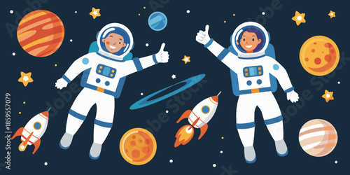 Two astronauts explore space amongst planets stars and a rocket ship