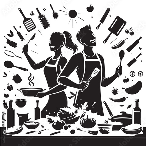 Black Cooking Together Silhouette Vector, High Quality Illustration on White Background