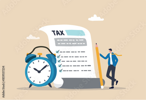 Tax time reminder, income tax planning, government payment date or financial refund, schedule or revenue calculation concept, businessman holding pencil with tax paper document and alarm clock.