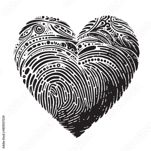 Black Fingerprint Heart Silhouette Vector, High Quality Illustration on White Background