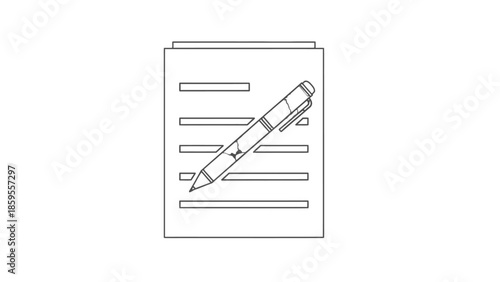 Minimalist document with lines and pen icon representing writing or signing, isolated white background