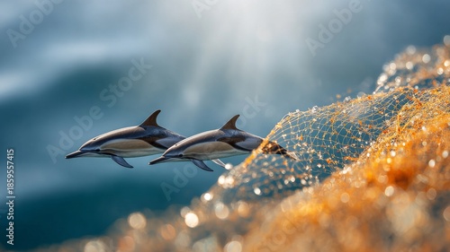 dolphins swimming near a drifting fishing net, cautious distance