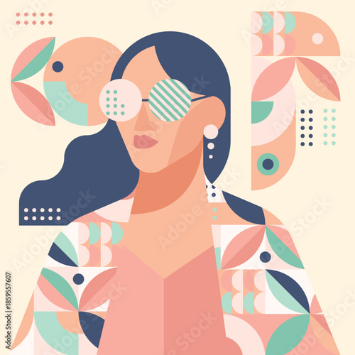 Stylish Woman Wearing Sunglasses with Geometric Patterns.