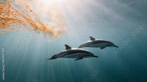 dolphins swimming near a drifting fishing net, cautious distance