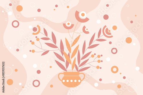 Illustration of a potted plant with abstract leaves and berries.