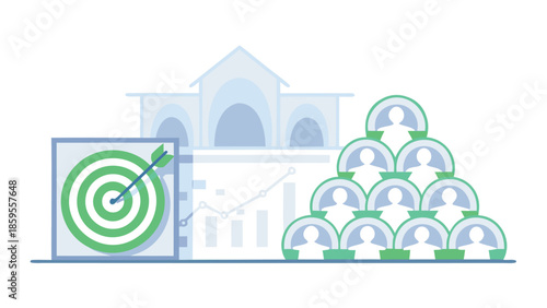 Target audience concept with dart target aligned to people pyramid and building background for marketing strategy