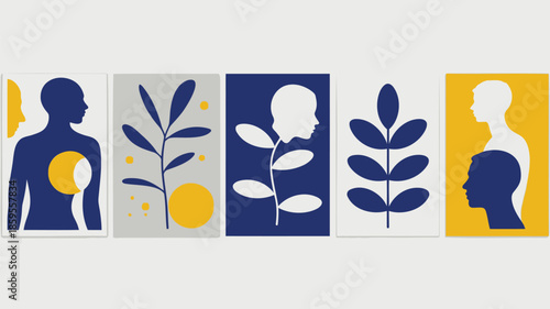Horizontal arrangement of five panels featuring human silhouettes and plant illustrations in blue, white, and yellow hues