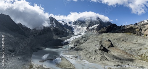 Aerial view, Alpine panorama, mountain landscape with glacier tongue and glacier lake, Glacier de Cheilon and summit Mont Blanc de Cheilon, Valais, Western Alps, Switzerland
