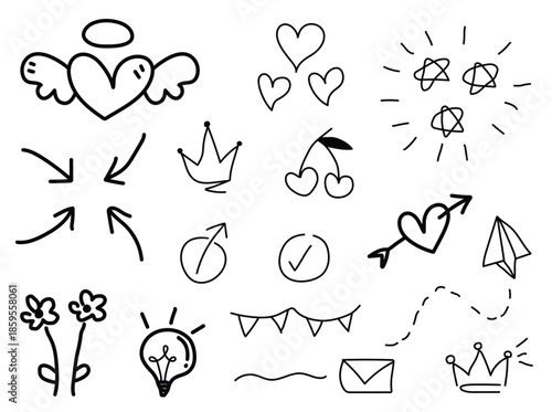 hand draw sketch, cute cat heart icons with arrows and doodle food in a playful vector style seamless pattern design