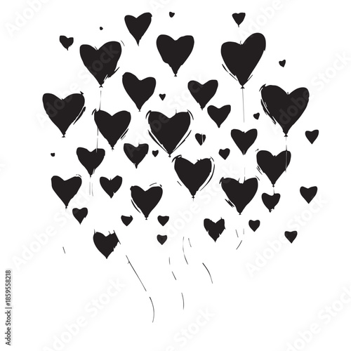 Black Flying Heart Balloons Silhouette Vector, High Quality Illustration on White Background