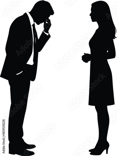 Business man apologizing to woman silhouette illustration, respectful greeting bow gesture male female black vector concept