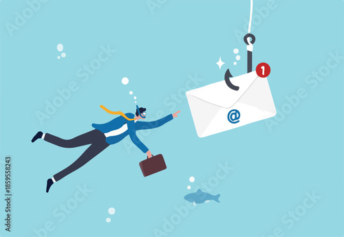 Phishing email, fraud or scam mail offer fake login or password form to steal personal information, online crime concept, greedy businessman diving underwater to catch email envelope with fishing hook