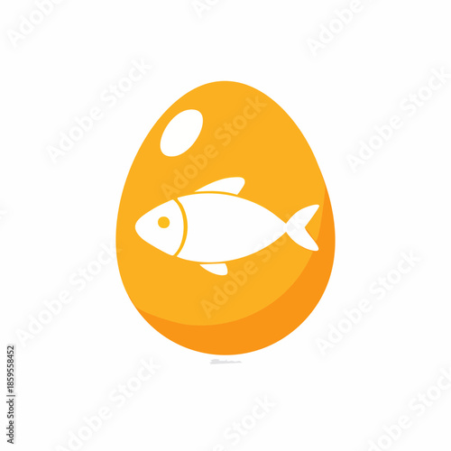 Stylized graphic of a golden egg with fish icon, simple creative logo, food ingredient, vector illustration