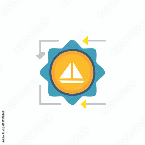 Sailing Icon Within Sunburst Shape with Navigation Arrows, Flat Vector Illustration