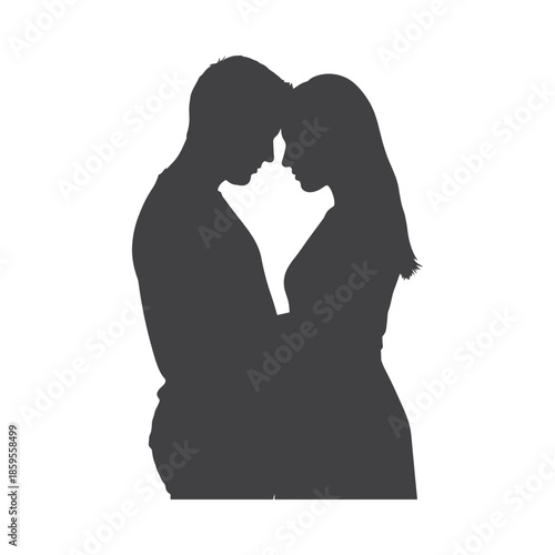 Illustration of silhouette of a couple embracing and touching foreheads together in love, valentine love silhouette vector