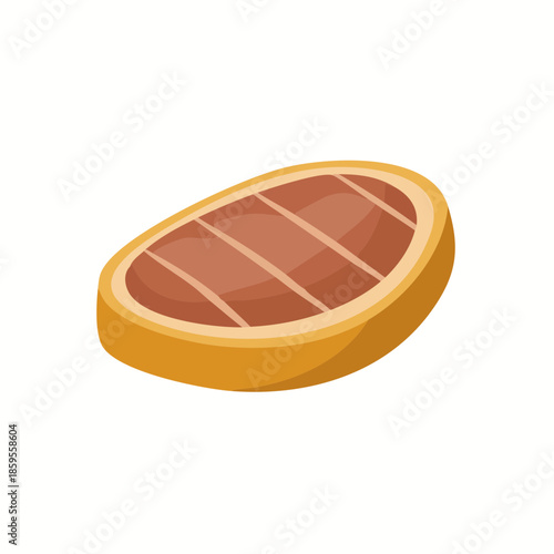 Grilled steak illustration with grill marks, rich brown color and a yellow border, savory meat, cartoon style for food lovers.