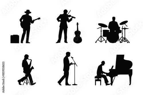 Professional musicians playing various instruments silhouette collection