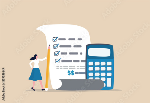 Project cost estimation, calculate budget or resources to finish work, financial plan, invoice or tax, expense or loan concept, businesswoman with calculator estimate cost from project document