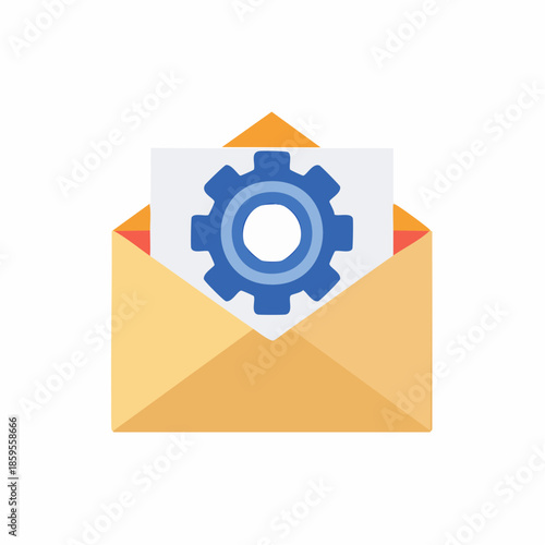 Email notification with a gear icon indicating settings or technical configuration in an open yellow envelope. Concept for technical communication