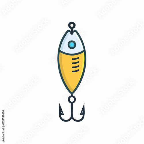 Fishing Lure with Treble Hook Bait Yellow Metal Oval Head Vector Object for Outdoor Sports and Recreation