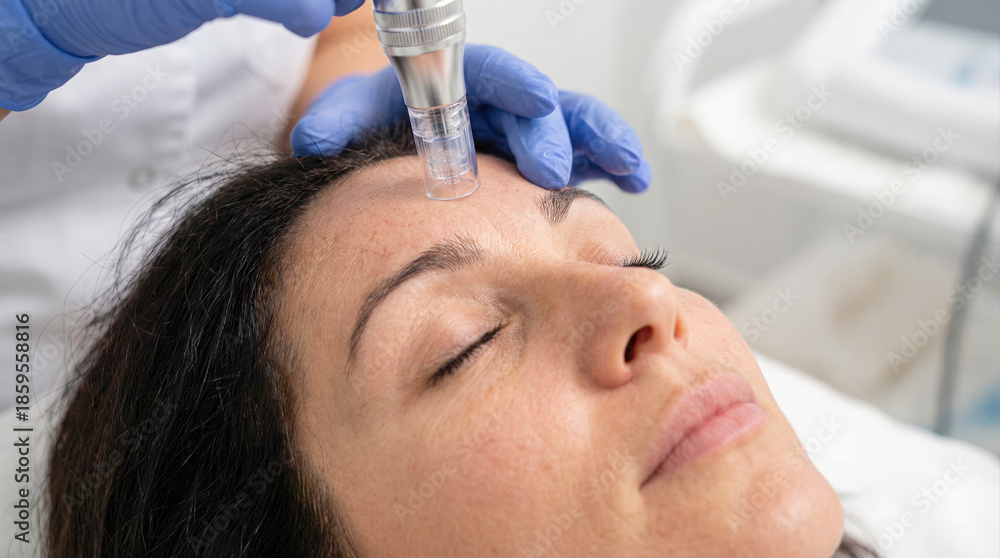 Fototapeta premium Professional microneedling facial treatment on mature woman's forehead at dermatology clinic for anti-aging and skin rejuvenation