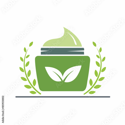 Natural skincare cream jar with plant leaves for organic beauty treatment and wellness logo design