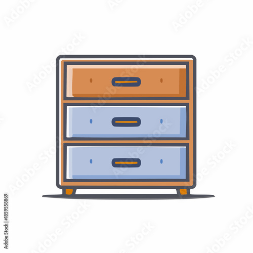 Cartoon vector illustration featuring a three-drawer wooden cabinet in warm brown and blue tones, modern furniture