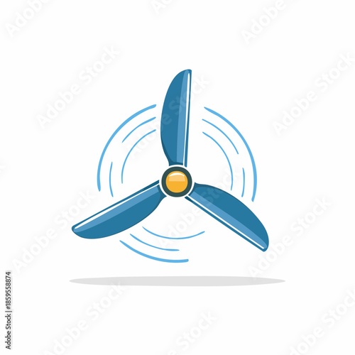 Rotating blue fan with three blades creates wind movement on white background simple design illustration for advertisement, infographic