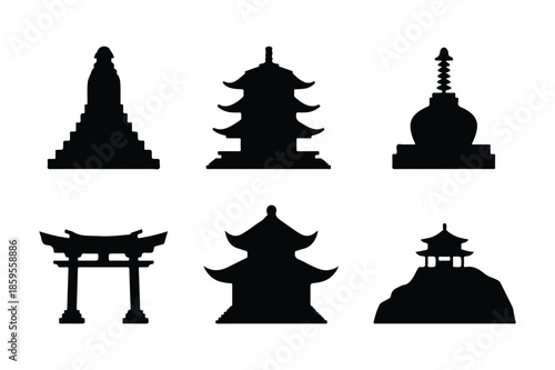 Asian temple pagoda and traditional architecture silhouettes