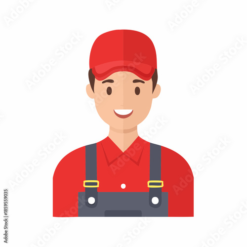 Smiling man in uniform and red cap portrait as worker, technician, or service provider