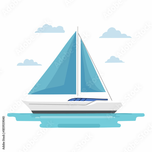 Sailboat gliding across blue ocean water under a clear sky with scattered clouds, minimalist vector illustration