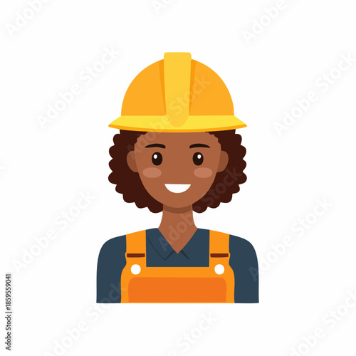 Illustration of cheerful African American woman in a hard hat and work jumpsuit uniform smiling