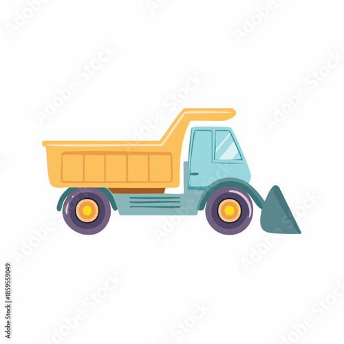 Illustration of a light blue construction truck with a yellow dumper and shovel