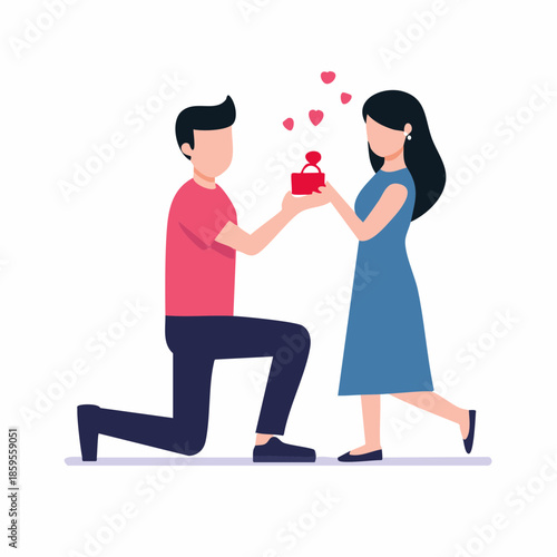 Romantic marriage proposal with man kneeling offering ring to woman hearts floating vector illustration